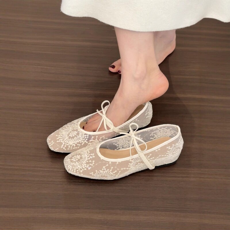 Women's Breathable Mesh Embroidery Square Toe Ballet Flats - Image 1