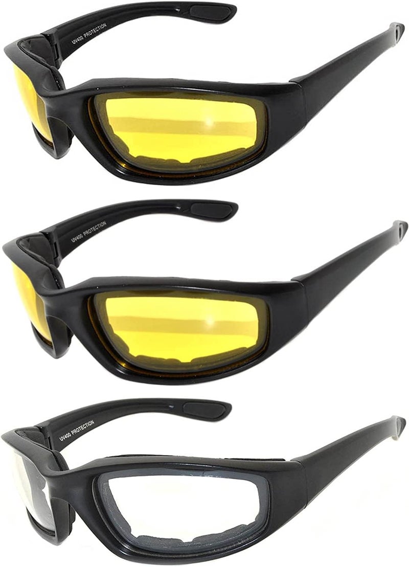 OWL 3 Pack Motorcycle Riding Glasses, Padded Sport Sunglasses, Assorted Colors for Men and Women - Image 1