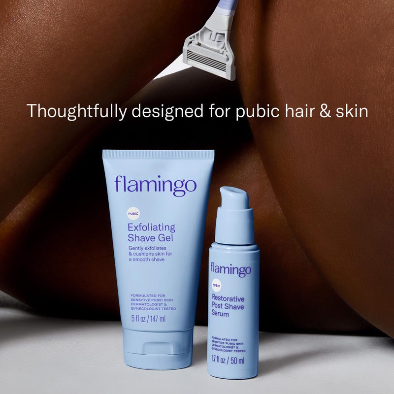 Flamingo Pubic Hair Razor for Women, Shaving Kit, 1 Razor, Exfoliating Shaving Gel 5 fl oz - Restorative Post Shave Serum 1.7 fl oz, Starter Set, Full Kit - Image 2