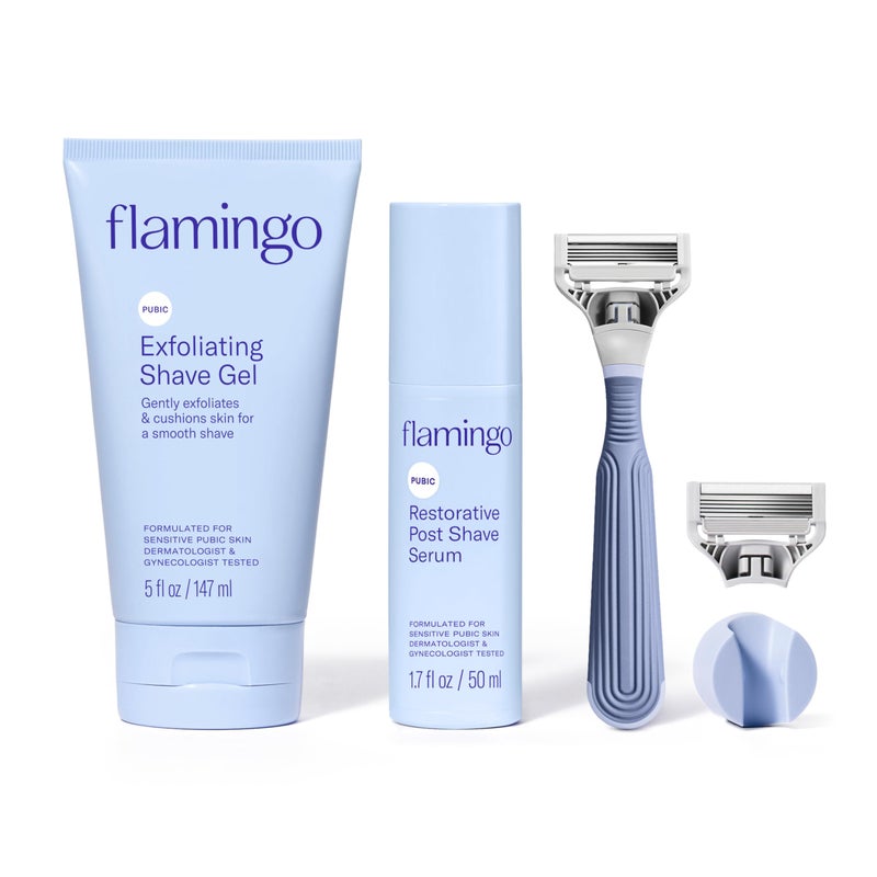 Flamingo Pubic Hair Razor for Women, Shaving Kit, 1 Razor, Exfoliating Shaving Gel 5 fl oz - Restorative Post Shave Serum 1.7 fl oz, Starter Set, Full Kit - Image 1