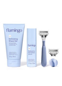 FLAMINGO Flamingo Pubic Hair Razor for Women, Shaving Kit - 1 Pubic Razor - Exfoliating Shave Gel 5 fl oz - Restorative Post Shave Serum 1.7 fl oz  - Image 1