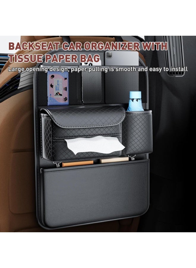 Car Backseat Organizer, Leather Storage Organizers with Tissue Holder, Kick Mats Backseat Protectors for Kids and Business Road Trip Accessories (Black, 2PCS) - Image 2