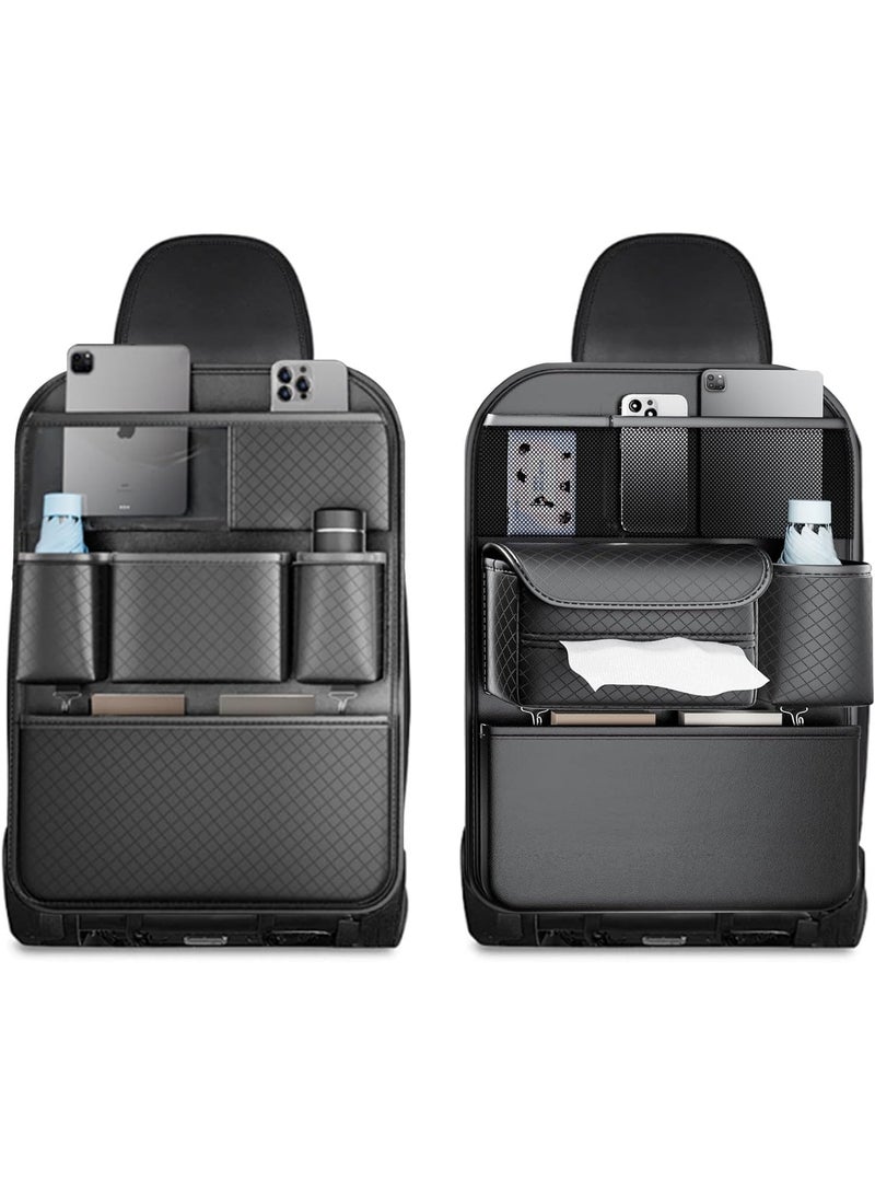 Car Backseat Organizer, Leather Storage Organizers with Tissue Holder, Kick Mats Backseat Protectors for Kids and Business Road Trip Accessories (Black, 2PCS) - Image 1