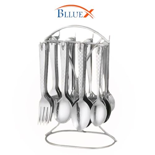 BLLUEX Premium Stainless Steel, 25-Piece Cutlery Set for Kitchen & Table (6 Dessert Table Spoons, 6 Forks, 6 Tea Spoons, 6 Soup Spoons, 1 Storage Stand) (25, Silver) - Image 2