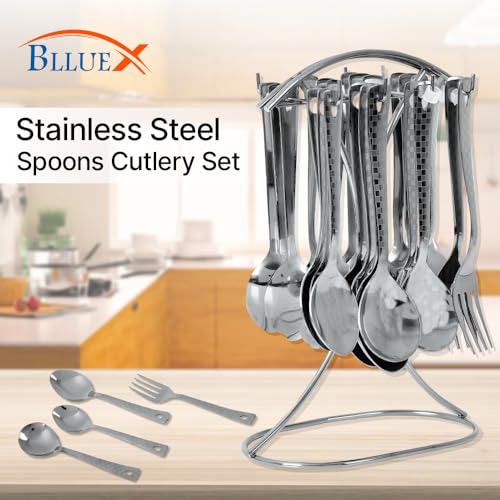BLLUEX Premium Stainless Steel, 25-Piece Cutlery Set for Kitchen & Table (6 Dessert Table Spoons, 6 Forks, 6 Tea Spoons, 6 Soup Spoons, 1 Storage Stand) (25, Silver) - Image 5