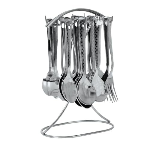 BLLUEX Premium Stainless Steel, 25-Piece Cutlery Set for Kitchen & Table (6 Dessert Table Spoons, 6 Forks, 6 Tea Spoons, 6 Soup Spoons, 1 Storage Stand) (25, Silver) - Image 1