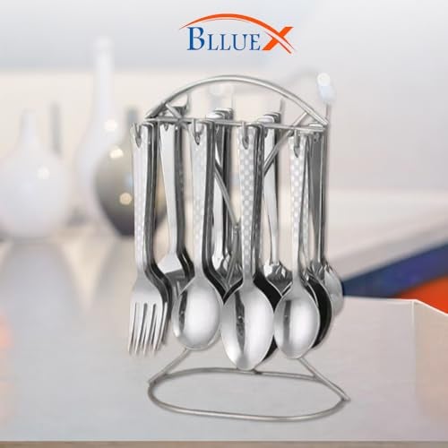 BLLUEX Premium Stainless Steel, 25-Piece Cutlery Set for Kitchen & Table (6 Dessert Table Spoons, 6 Forks, 6 Tea Spoons, 6 Soup Spoons, 1 Storage Stand) (25, Silver) - Image 3