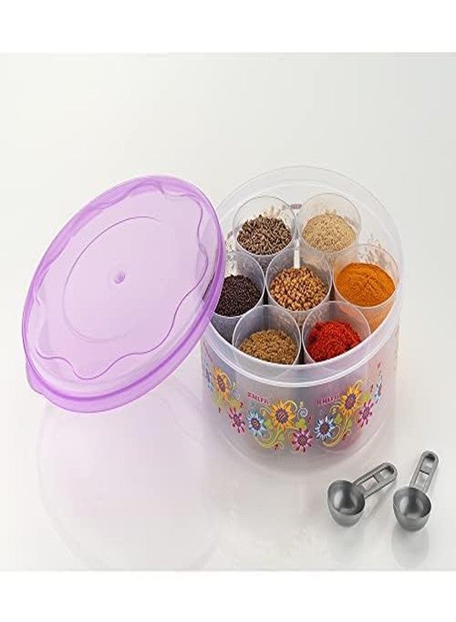 GRECY طقم علب توابل مزخرفة من GRECY، بسبعة أقسام، بتصميم زهري بنفسجي، يتضمن ملاعق قياس - Image 1