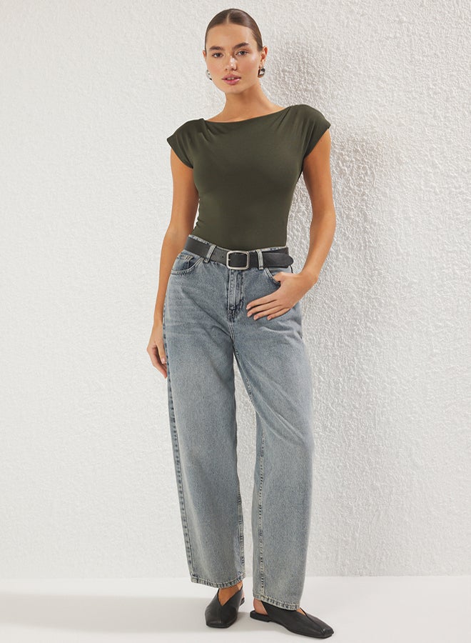 trendyol Khaki Fitted/Fits the Body Boat Neck Flexible Snap Knit Bodysuit - Image 2