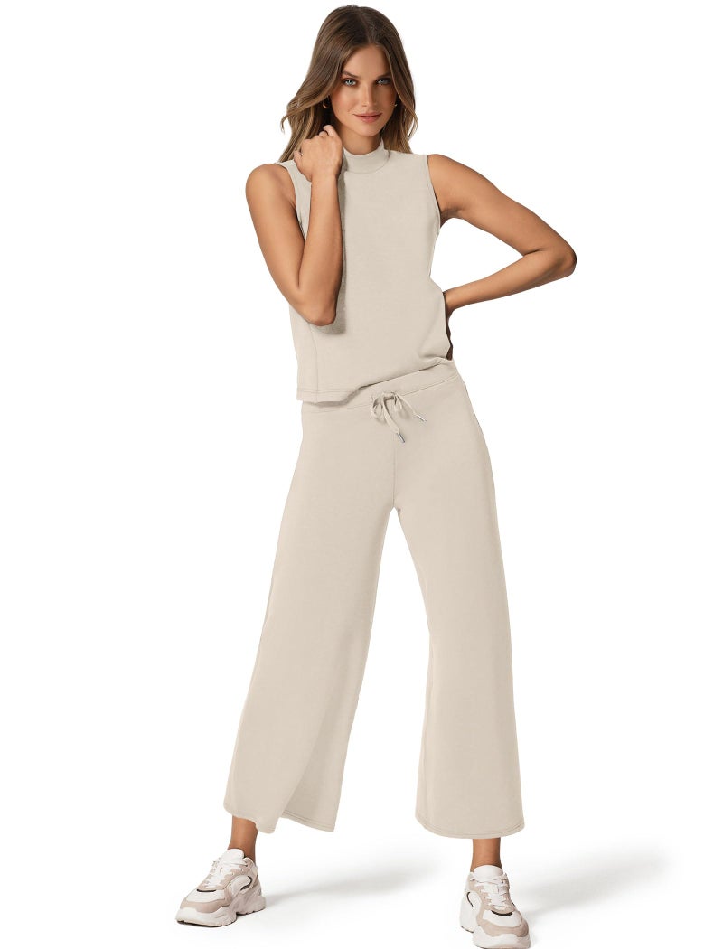 Sampeel Two Piece Set for Women Trendy 2025 Casual Lounge Sets Summer Airport Outfits Matching Sets Women Clothing Mock Neck Tracksuit Athleisure Beige XL - Image 2