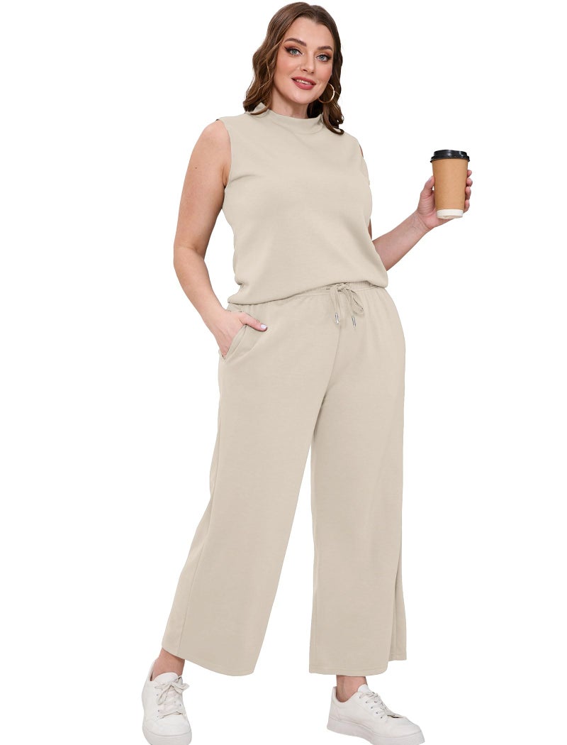 Sampeel Two Piece Set for Women Trendy 2025 Casual Lounge Sets Summer Airport Outfits Matching Sets Women Clothing Mock Neck Tracksuit Athleisure Beige XL - Image 4