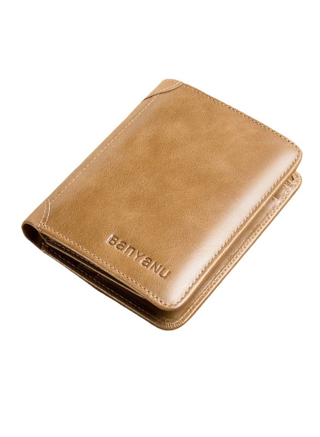banyanu Men's Wallet Genuine Leather Ultra-Thin Anti-Theft Brush Vertical Card Holder Men's Short Wallet Khaki - Image 1