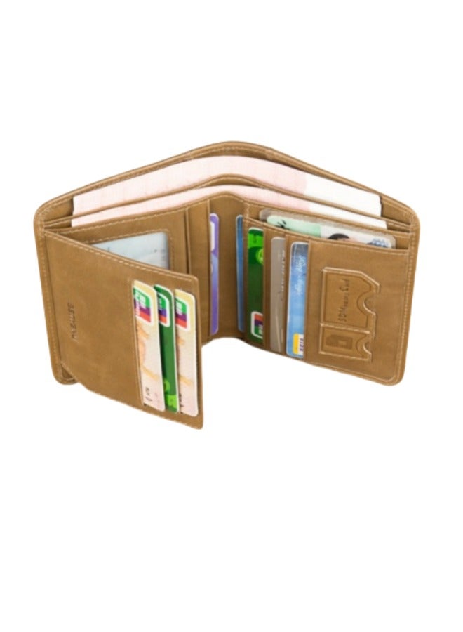 banyanu Men's Wallet Genuine Leather Ultra-Thin Anti-Theft Brush Vertical Card Holder Men's Short Wallet Khaki - Image 2