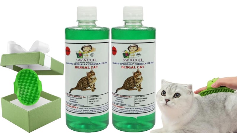 Swacch Bengal Cat Shampoo -500ml (Pack of 2) (Neem Alovera) + Bath Brush with Adjustable Straps Combo Pack - Image 1