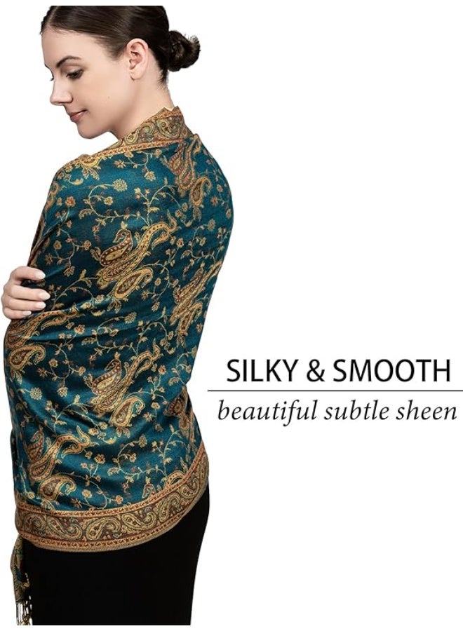 Achillea شال باهت من الباشمينا القابل للعكس بتصميم بايسلي الناعم والحريري مع أطراف (أخضر داكن) - Image 5