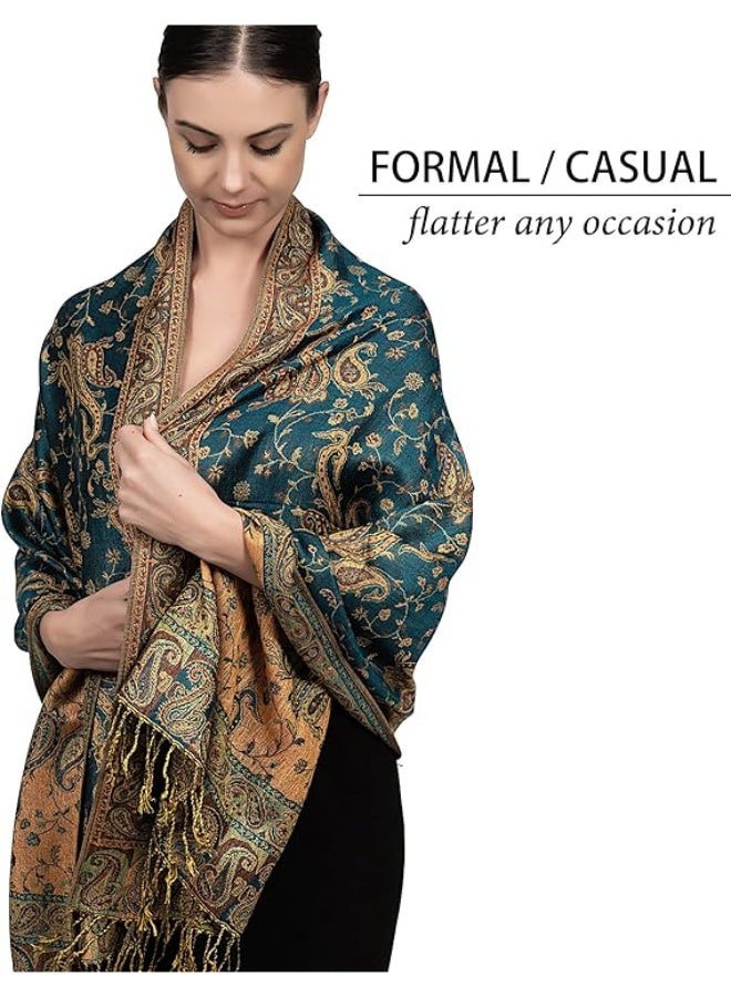 Achillea شال باهت من الباشمينا القابل للعكس بتصميم بايسلي الناعم والحريري مع أطراف (أخضر داكن) - Image 3