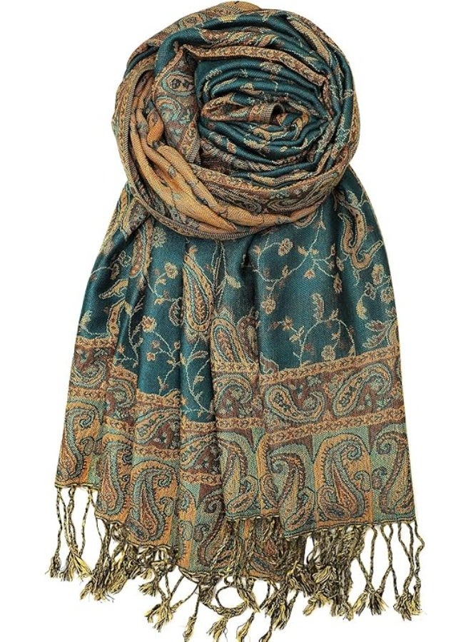 Achillea شال باهت من الباشمينا القابل للعكس بتصميم بايسلي الناعم والحريري مع أطراف (أخضر داكن) - Image 1