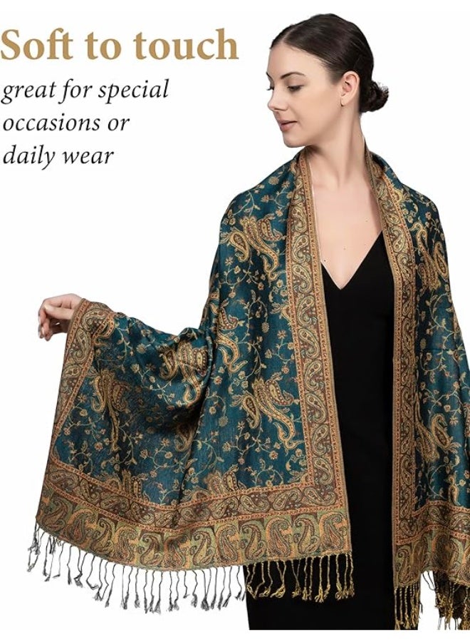 Achillea شال باهت من الباشمينا القابل للعكس بتصميم بايسلي الناعم والحريري مع أطراف (أخضر داكن) - Image 2