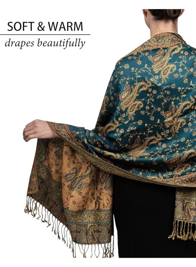 Achillea شال باهت من الباشمينا القابل للعكس بتصميم بايسلي الناعم والحريري مع أطراف (أخضر داكن) - Image 4