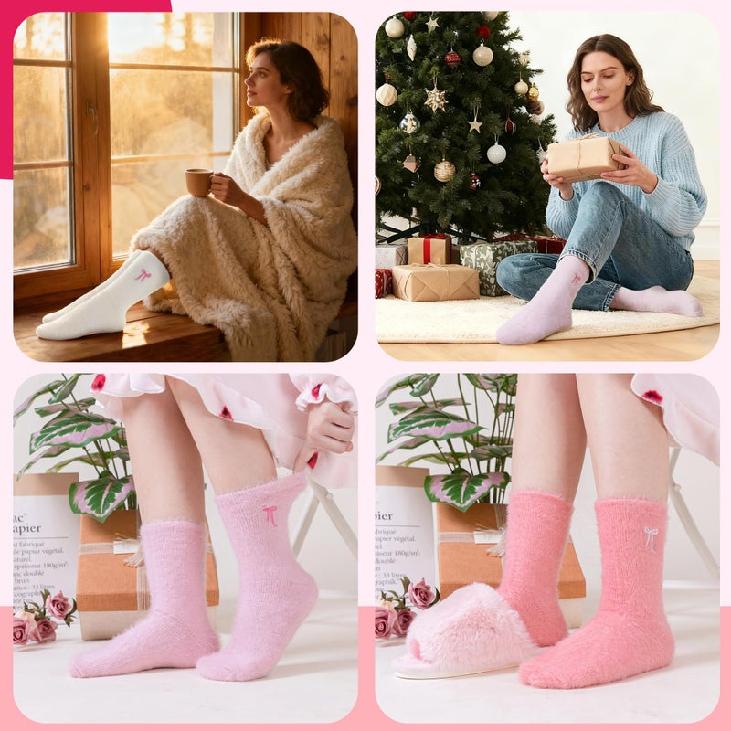 Velice Fuzzy Socks For Women Fluffy Cozy Slipper Pink Heart Bow Warm Winter Home Sleeping Thick Comfy Socks 5 Pairs (Bow-Pink Series) - Image 2