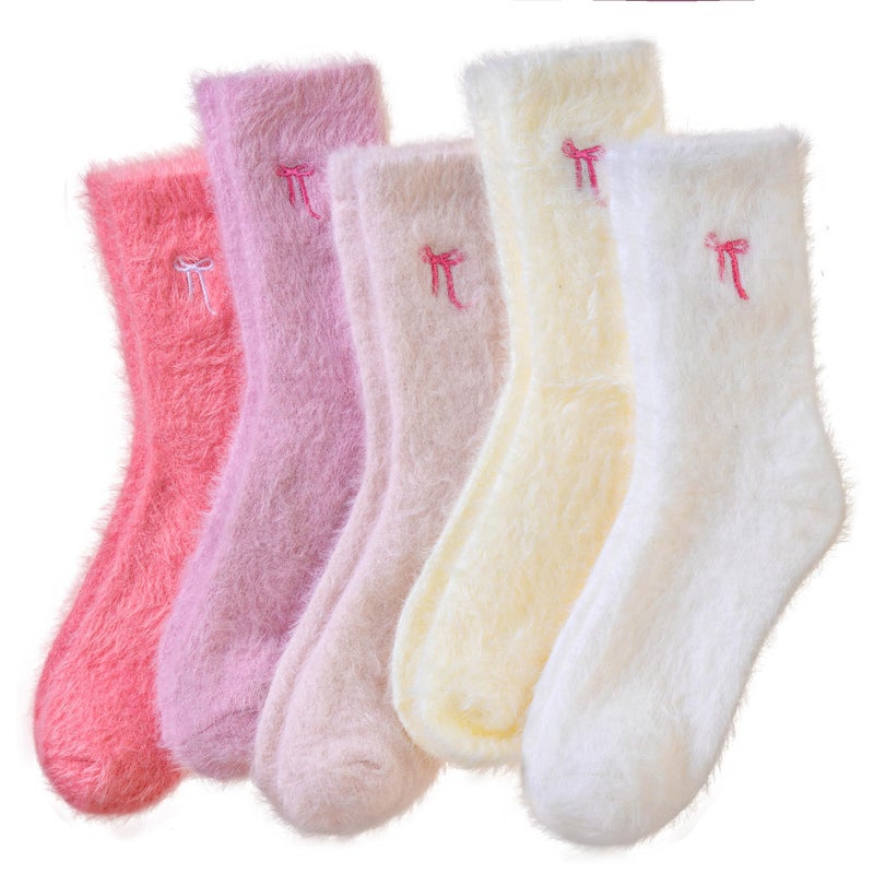 Velice Fuzzy Socks For Women Fluffy Cozy Slipper Pink Heart Bow Warm Winter Home Sleeping Thick Comfy Socks 5 Pairs (Bow-Pink Series) - Image 1
