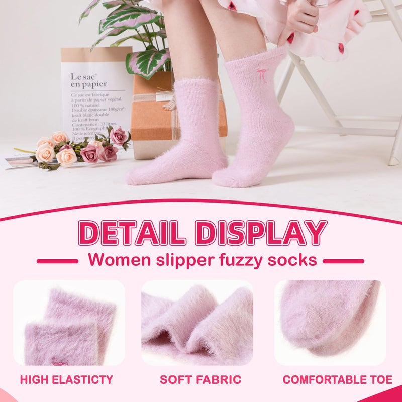 Velice Fuzzy Socks For Women Fluffy Cozy Slipper Pink Heart Bow Warm Winter Home Sleeping Thick Comfy Socks 5 Pairs (Bow-Pink Series) - Image 4