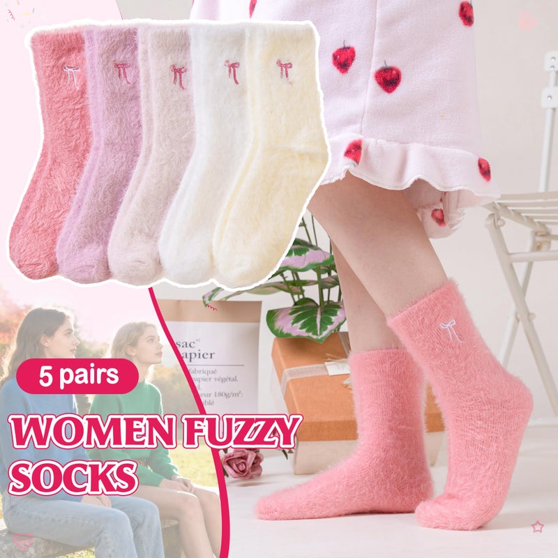 Velice Fuzzy Socks For Women Fluffy Cozy Slipper Pink Heart Bow Warm Winter Home Sleeping Thick Comfy Socks 5 Pairs (Bow-Pink Series) - Image 5