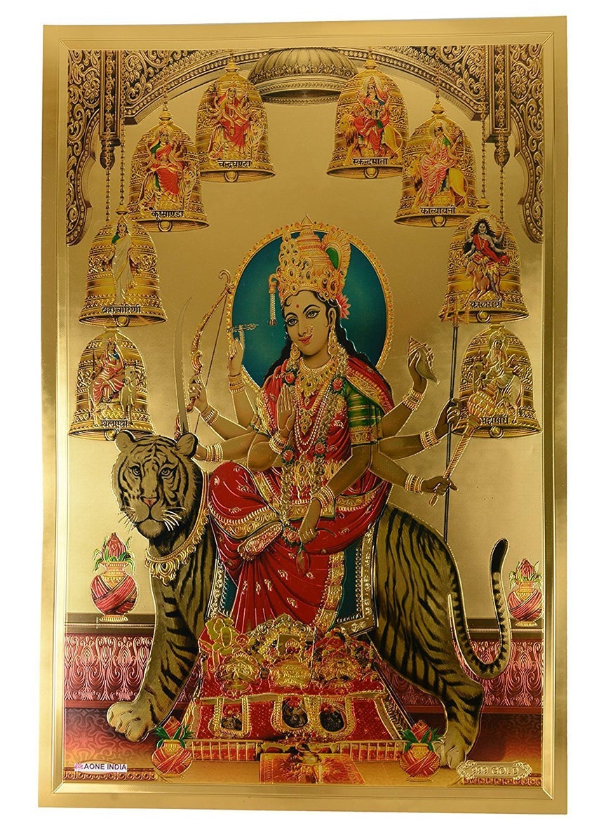 Idol Collections Dattatreya Maa Durga ji Poster Gold Foil 30 cm x 05 cm x 45 cm 