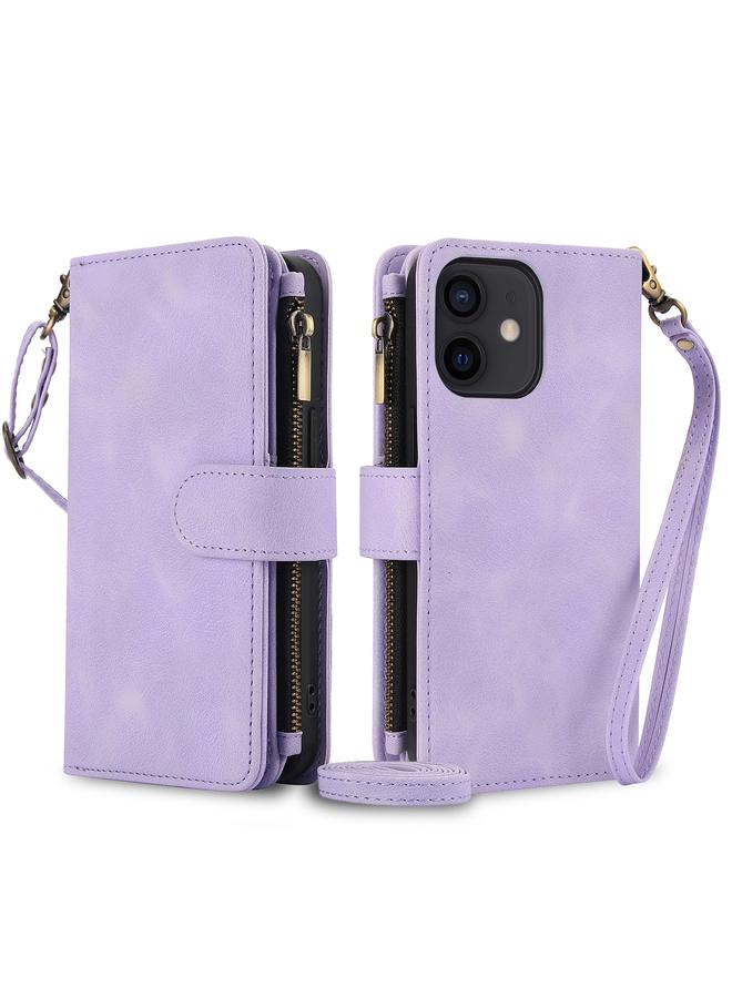 Zaboon Case For iPhone 12 Dream 9-Card Zipper Wallet RFID Leather Phone Case with Lanyard - Image 1