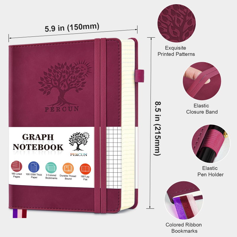 PERCUN Graph Paper Notebook, 160 Pages Grid Journal for women & men, A5 Hardcover Leather Graphing Notebook for School, Work, Travel, Note Taking 5.9â€x8.5â€ (Burgundy) - Image 2