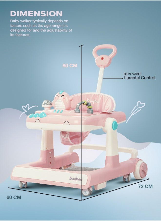 BAYBEE - 3 In 1 Flix Baby Activity Walker With Parental Push Handle And 3 Height Adjustable, Tray And Musical Toy Bar, 6 - 18 Months, Boy/Girl, Pink - Image 1