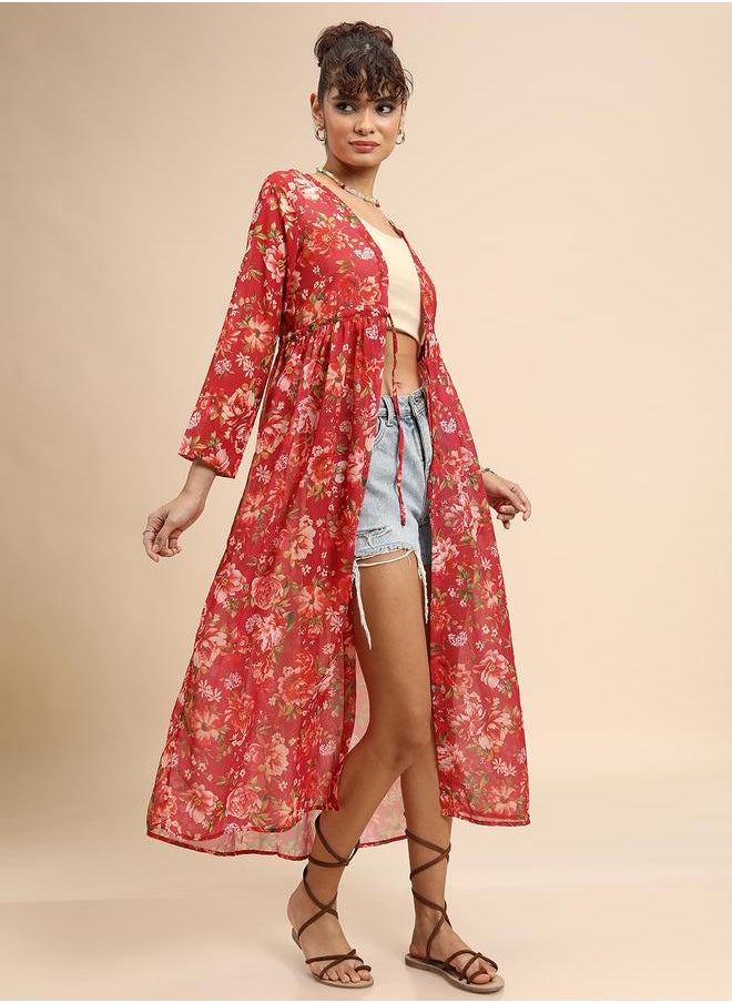 Tokyo Talkies Floral Print Longline Open Front Shrug with Tie-up Detail by Styli  - Image 3