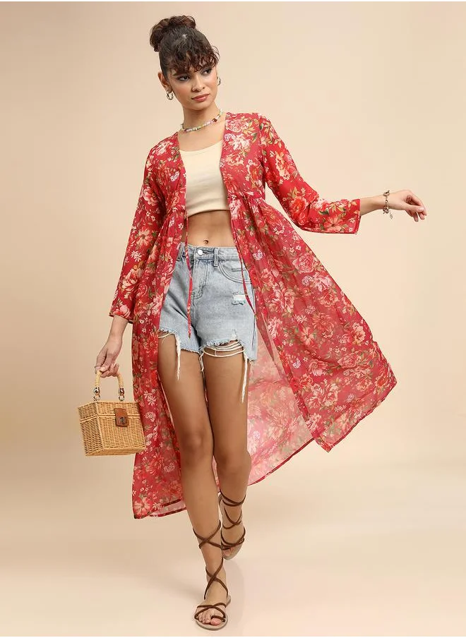 Tokyo Talkies Floral Print Longline Open Front Shrug with Tie-up Detail by Styli