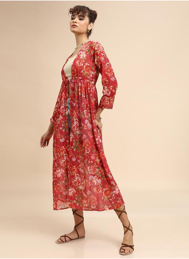 Tokyo Talkies Floral Print Longline Open Front Shrug with Tie-up Detail by Styli  - Image 4