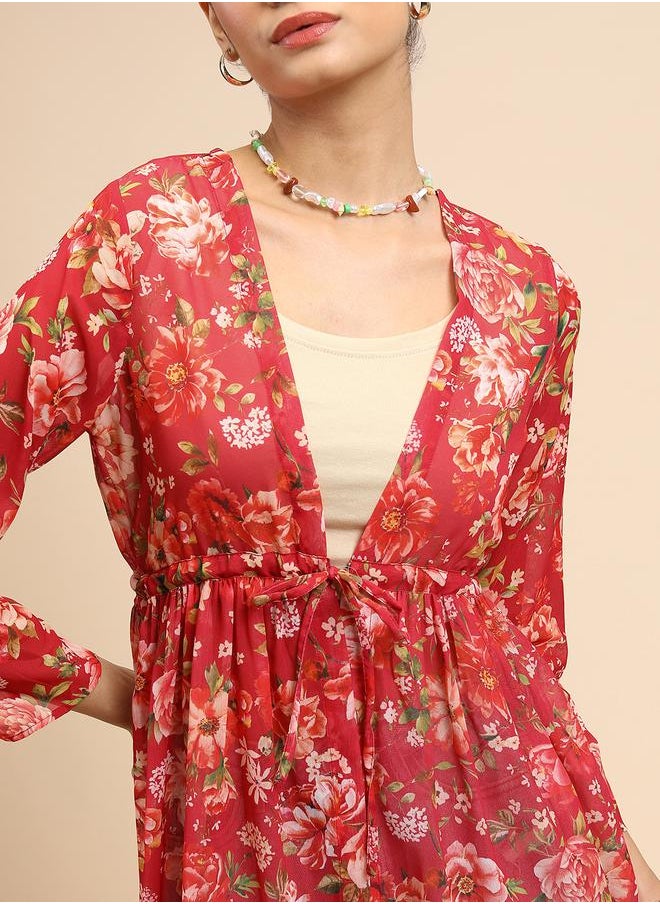 Tokyo Talkies Floral Print Longline Open Front Shrug with Tie-up Detail by Styli  - Image 5