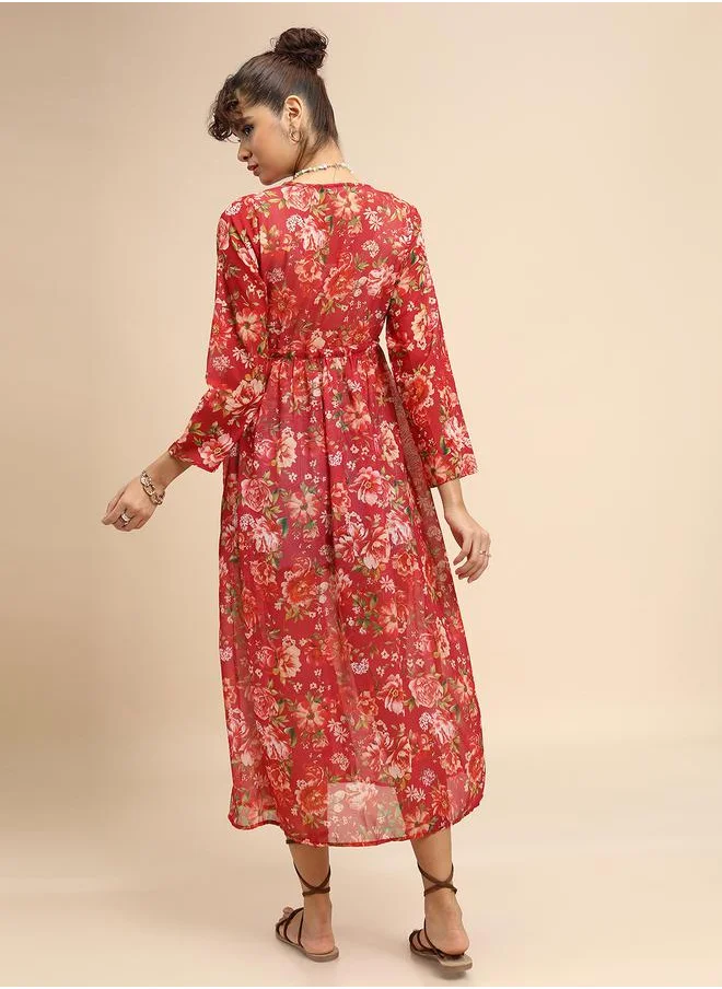 Tokyo Talkies Floral Print Longline Open Front Shrug with Tie-up Detail by Styli
