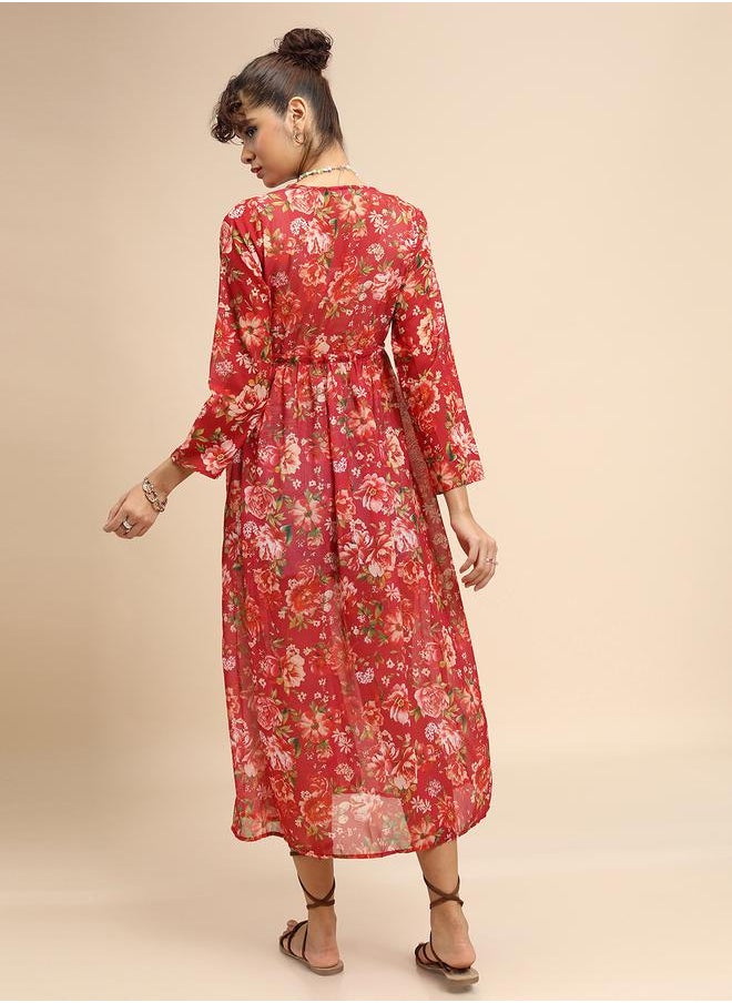 Tokyo Talkies Floral Print Longline Open Front Shrug with Tie-up Detail by Styli  - Image 2