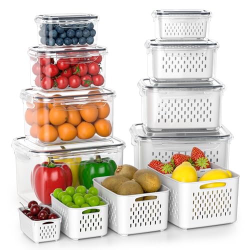 Anysig Fruit Storage Containers for Fridge with Removable Colander, 8 Pack Fruit Containers for Fridge with 2 Function Divider Plate, Airtight Storage Container to Keep Berry Fruit Fresh, Dishwasher Safe - Image 1