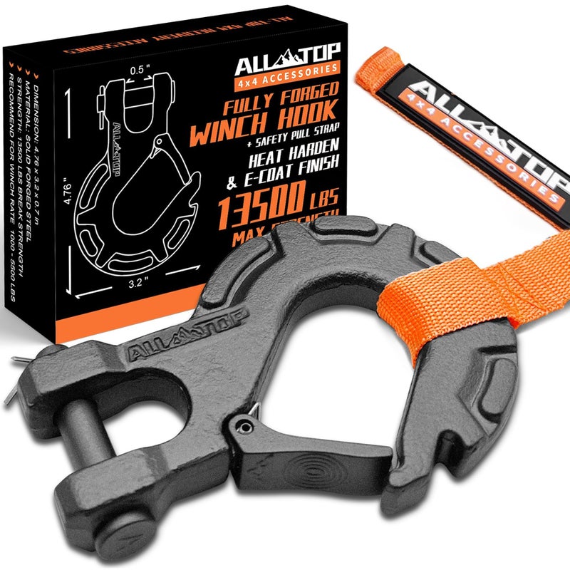 خطاف ونش فولاذي مطروق ALLTOP 516 بوصة 6 طن 13500 رطل خطاف متطرف لكابلات الونش مع تشطيب مطلي بالفولاذ الرمادي