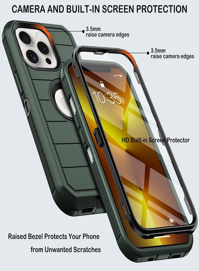 جراب KECAI لهاتف iPhone 13 Pro Max مع مشبك حزام وحامل، واقي شاشة مدمج، غطاء هاتف متين مقاوم للصدمات والسقوط، بمواصفات عسكرية (6.7 بوصة) (أخضر داكن) - Image 2