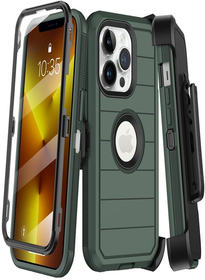 جراب KECAI لهاتف iPhone 13 Pro Max مع مشبك حزام وحامل، واقي شاشة مدمج، غطاء هاتف متين مقاوم للصدمات والسقوط، بمواصفات عسكرية (6.7 بوصة) (أخضر داكن) - Image 1