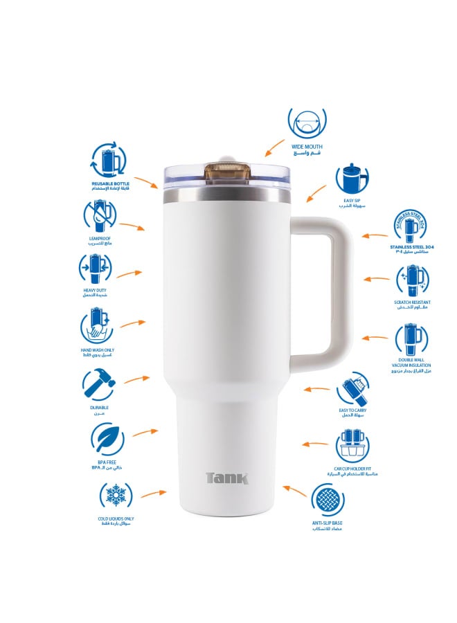 Tank Quencher, 1200ml, Cream, Stainless Steel Bottle, BPA free, insulated, Leakproof - Image 3