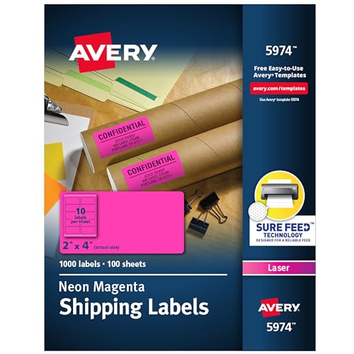 Avery 2"x 4" Neon Shipping Labels with Sure Feed for Laser Printers, 1,000 Pink Stickers (5974) - Image 1