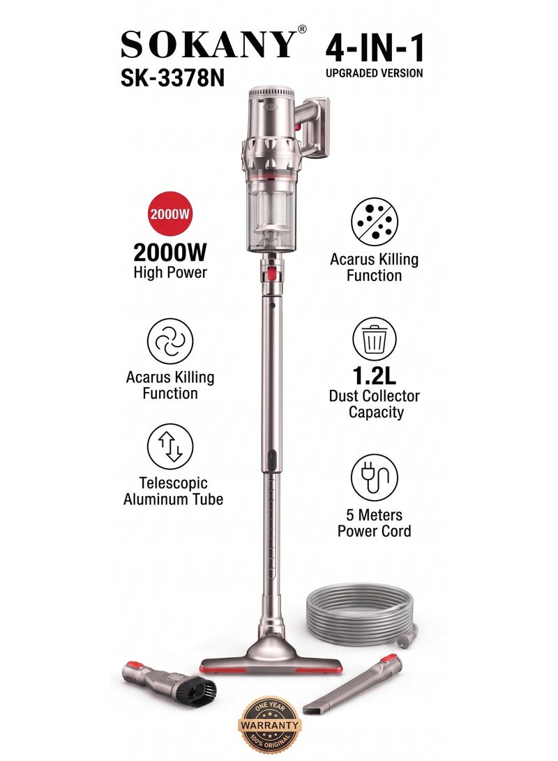 Sokany 4-in-1 Vacuum Cleaner SK-3378N - 2000W High Power, 1.2L Capacity, Telescopic Aluminum Tube, 5M Power Cord - Silver (Upgraded Version), 1 Year Warranty - Image 3