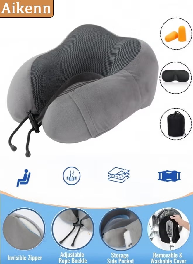 Aikenn Travel Pillow,Neck Pillow For Traveling,100% Memory Foam Neck Pillow, Comfortable & Breathable Cover, Machine Washable, Airplane Travel Kit With 3d Contoured Eye Masks, Earplugs, And Luxury Bag,For Sleeping Airplane, Car, Office And Home(Grey) - Image 1