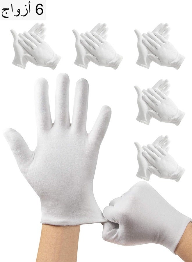 6 Pairs White Cotton Gloves, White Gloves for Inspection Photo Jewelry Silver Coin Archive Serving Costume, Cotton Gloves for Dry Hands Women Men Eczema Moisturizing SPA - Image 1