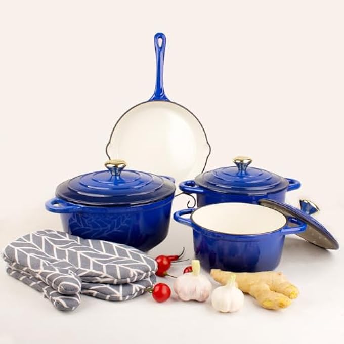 VAV Healthy And Safe NonStick Cast Iron Cookware Set Includes 24Cm Fry Pan 18Cm 21Cm 24Cm Dutch Ovens With Lids And Gloves - Image 2