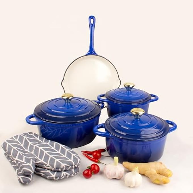 VAV Healthy And Safe NonStick Cast Iron Cookware Set Includes 24Cm Fry Pan 18Cm 21Cm 24Cm Dutch Ovens With Lids And Gloves - Image 1