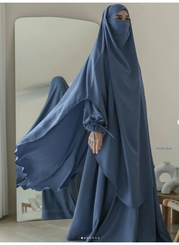 سلسلة اللؤلؤ: الشرق الأوسط اللون الصلب للنساء رداء اللؤلؤ الأكمام فستان Abaya قطعتين مجموعة الحجاب الطويل مناسبة جدا للنساء يوميا ارتداء الصيام شهر الصلاة - Image 2