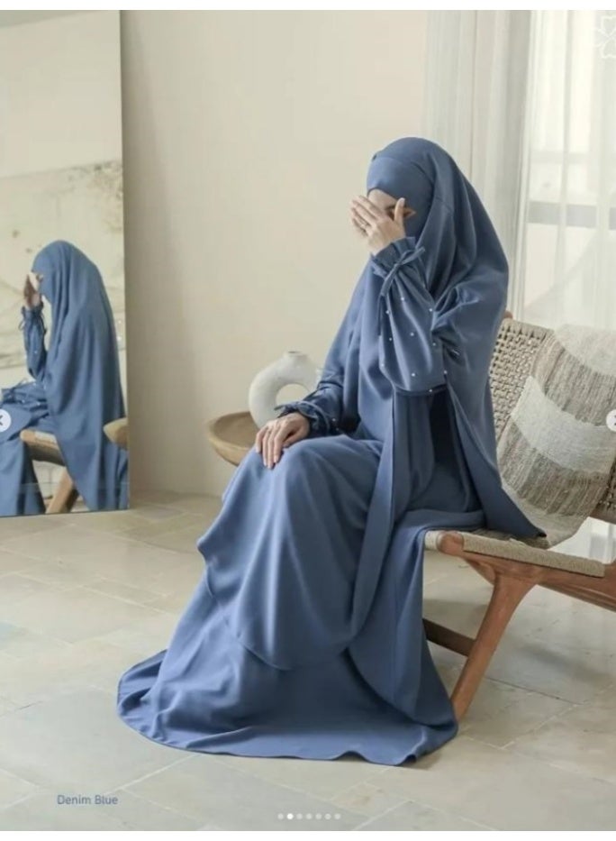 سلسلة اللؤلؤ: الشرق الأوسط اللون الصلب للنساء رداء اللؤلؤ الأكمام فستان Abaya قطعتين مجموعة الحجاب الطويل مناسبة جدا للنساء يوميا ارتداء الصيام شهر الصلاة - Image 3